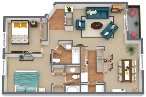 Floor plan for 2 beds, 2 baths, 1015 sqft